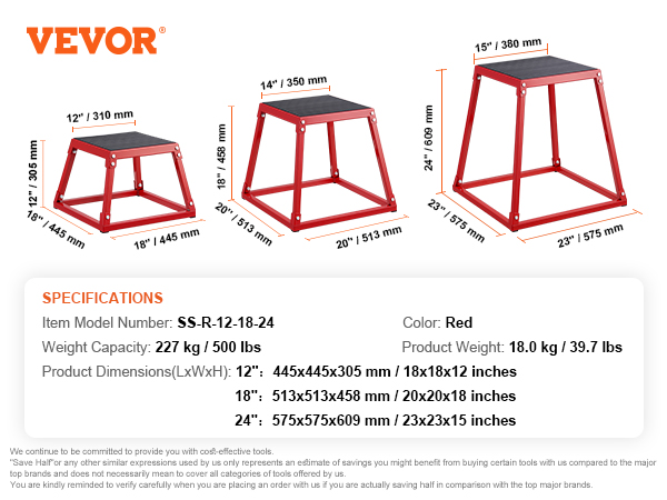 VEVOR plyometric jump boxes: three red boxes of varying sizes with weight capacity and dimensions listed.