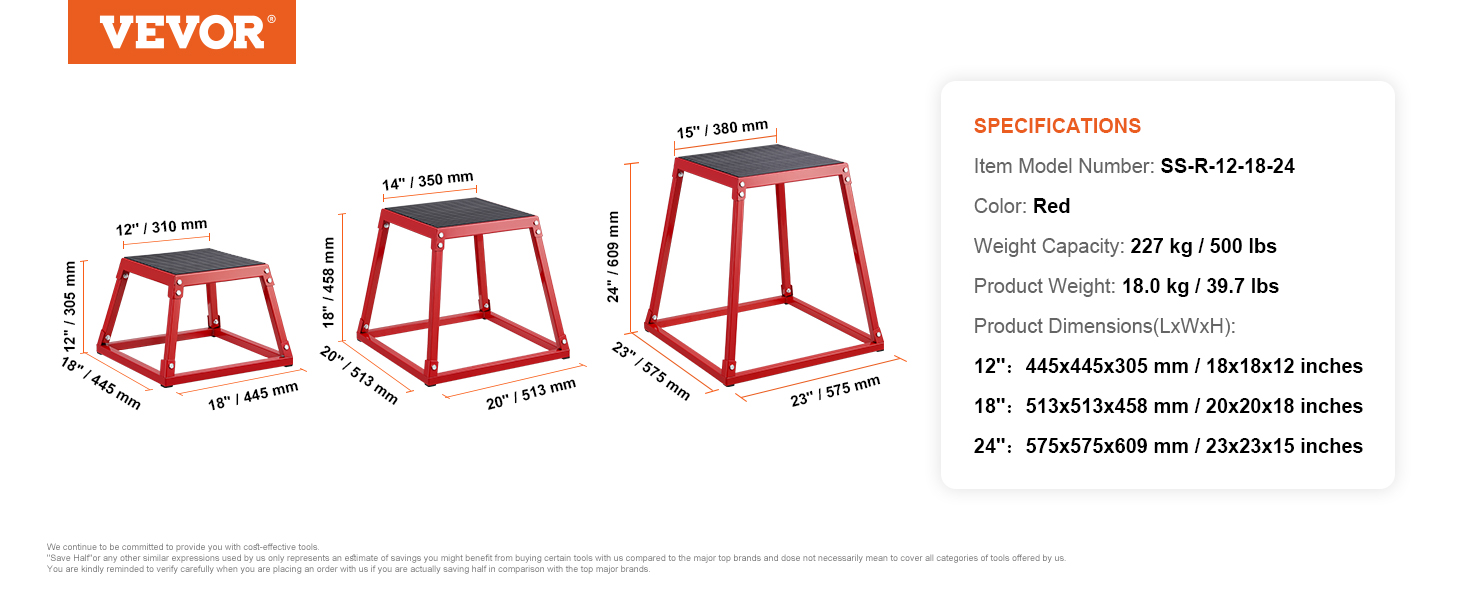VEVOR plyometric jump boxes: three red boxes of varying sizes with weight capacity and dimensions listed.