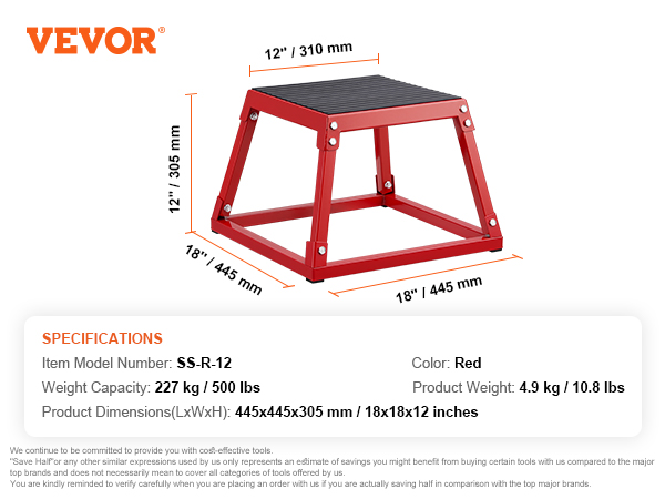 red VEVOR plyometric jump box, 18x18x12 inches, holds 227 kg.