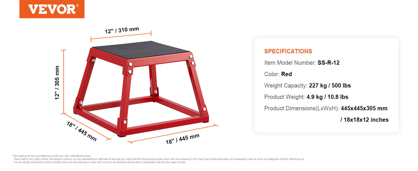 red VEVOR plyometric jump box, 18x18x12 inches, holds 227 kg.