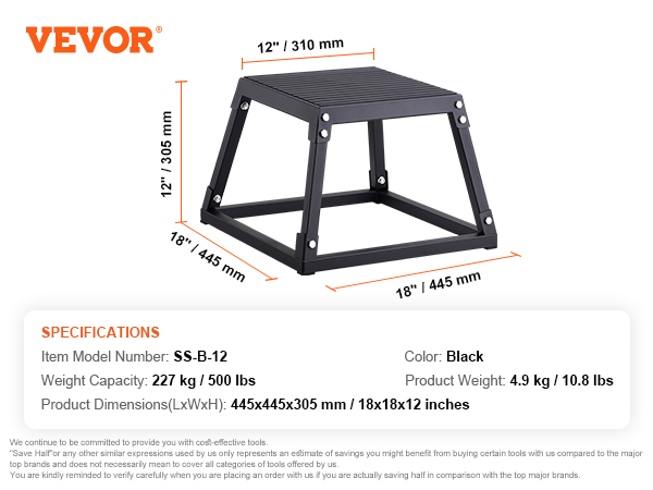 VEVOR plyometric jump box, black, 12"x18"x12", 500lbs capacity, model ss-b-12, dimensions labeled.