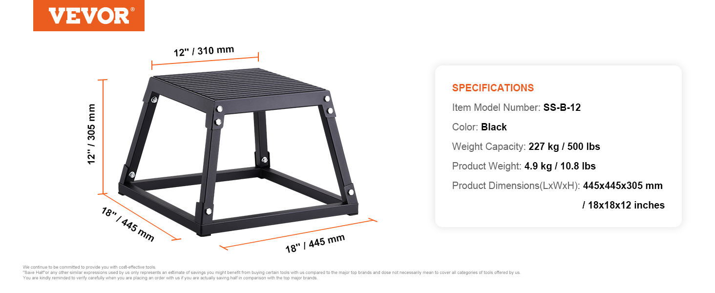 VEVOR plyometric jump box, black, 12"x18"x12", 500lbs capacity, model ss-b-12, dimensions labeled.