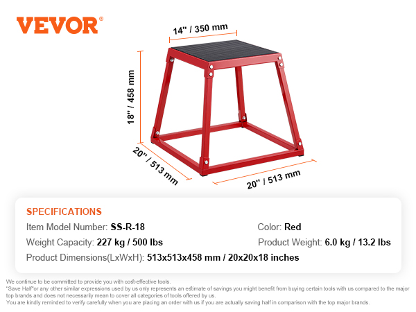 VEVOR plyometric jump box, red, 20x20x18 inches, 227 kg capacity, steel frame with grip platform.