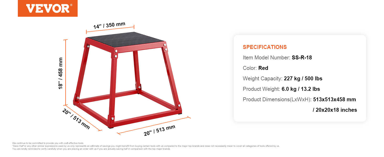 VEVOR plyometric jump box, red, 20x20x18 inches, 227 kg capacity, steel frame with grip platform.