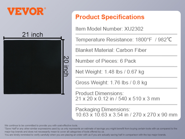 VEVOR welding blanket, carbon fiber, 6-pack, 21x20 inches. temp resistance: 1800°f / 982°c.
