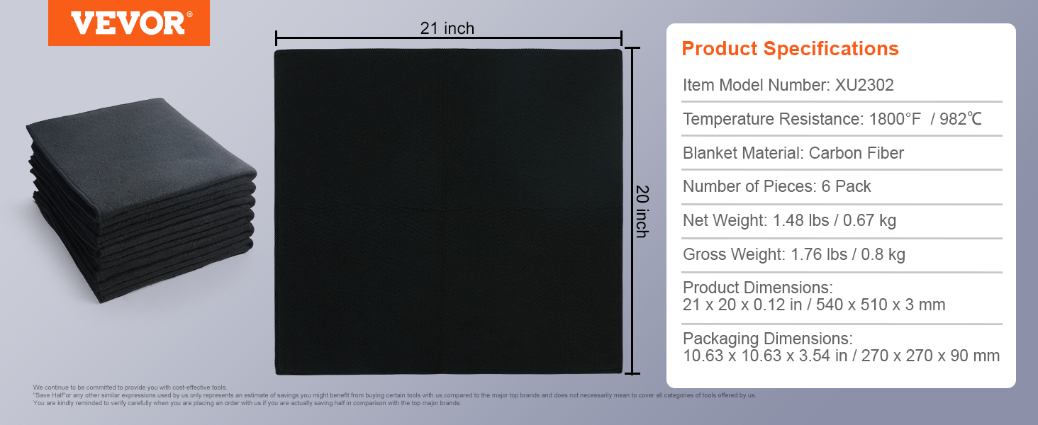 VEVOR welding blanket, carbon fiber, 6-pack, 21x20 inches. temp resistance: 1800°f / 982°c.
