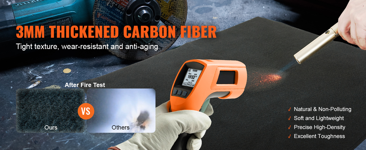 3mm thickened carbon fiber VEVOR welding blanket with heat test comparison, thermometer, and flame.