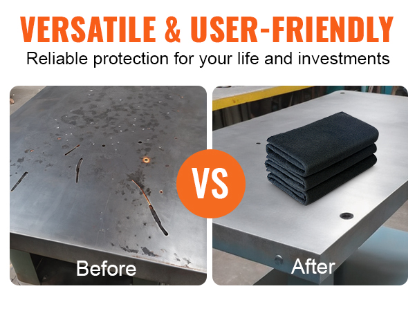 before and after using VEVOR welding blanket on a workshop table, showing improved cleanliness and protection.