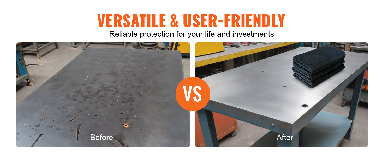 before and after using VEVOR welding blanket on a workshop table, showing improved cleanliness and protection.