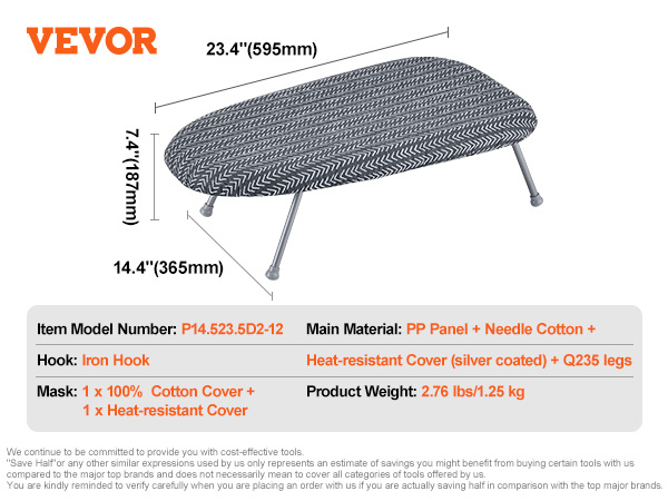 VEVOR tabletop ironing board with iron hook, heat-resistant cotton cover, and q235 legs, 23.4"x14.4".