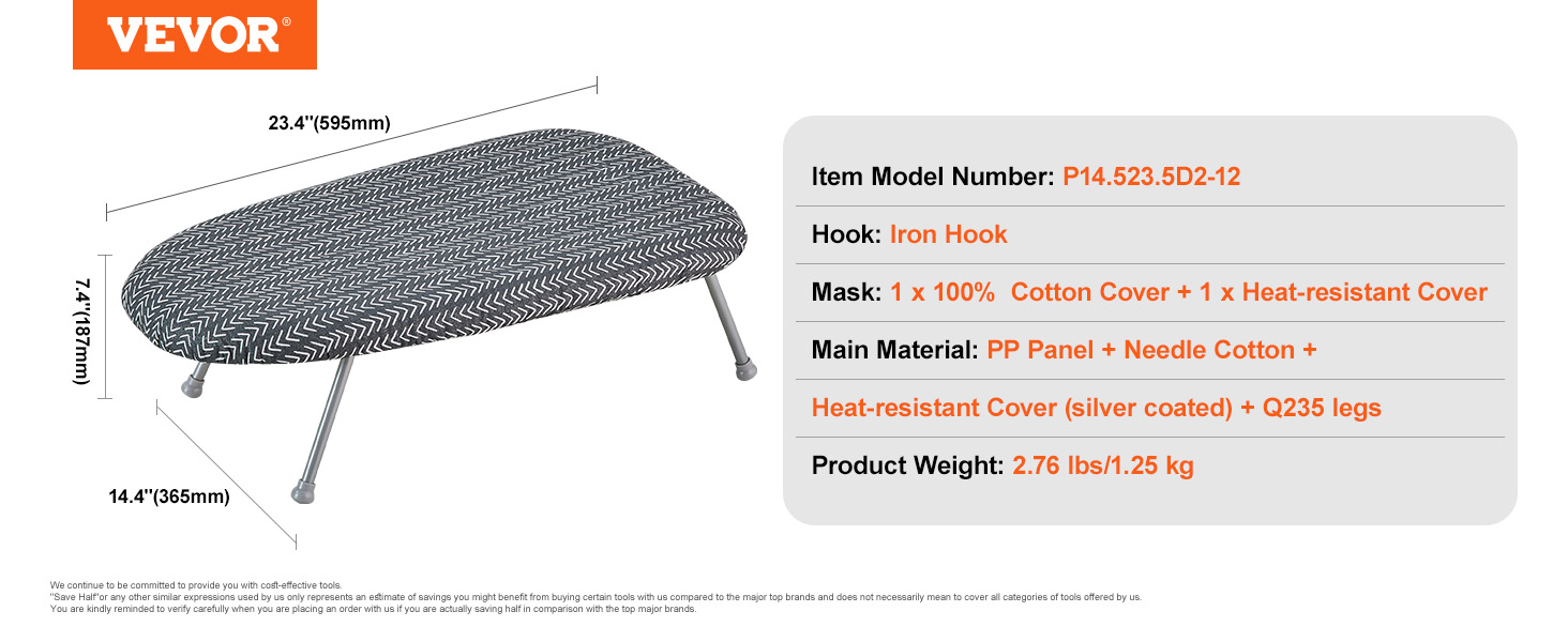 VEVOR tabletop ironing board with iron hook, heat-resistant cotton cover, and q235 legs, 23.4"x14.4".