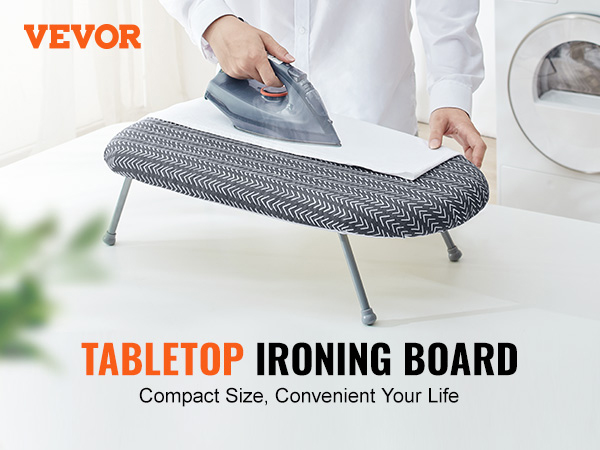 person ironing clothes on VEVOR tabletop ironing board, compact size for convenience.