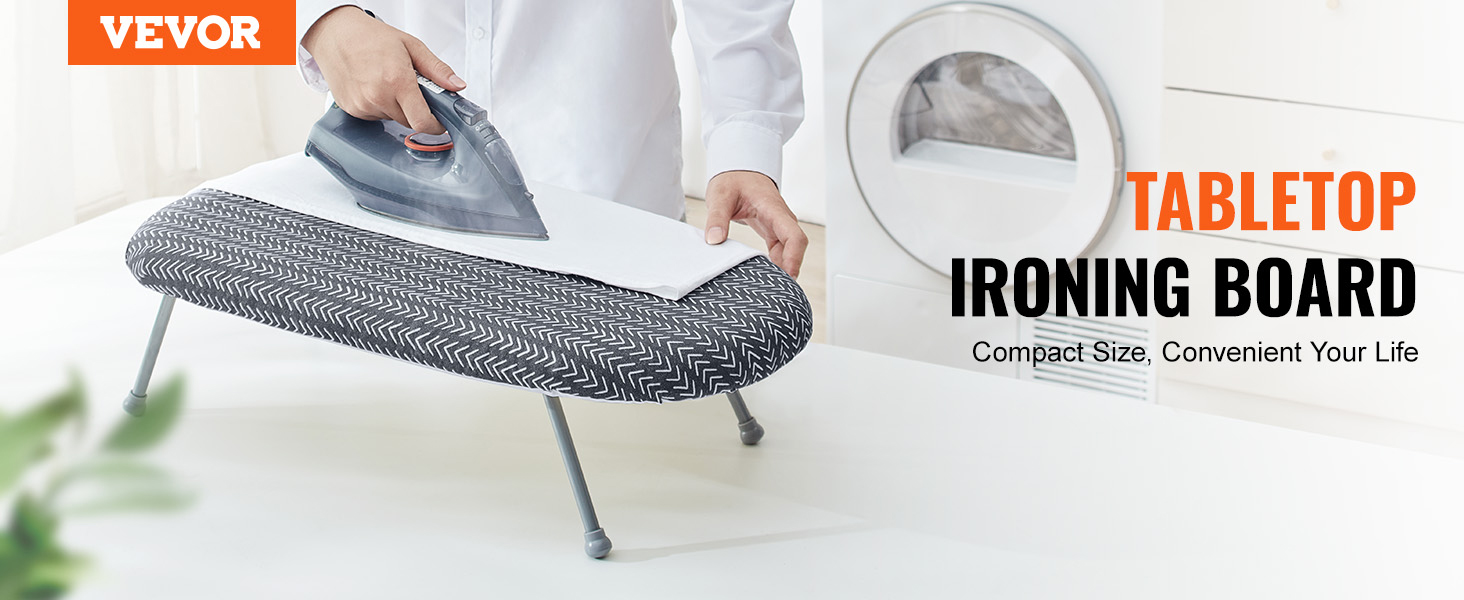 person ironing clothes on VEVOR tabletop ironing board, compact size for convenience.