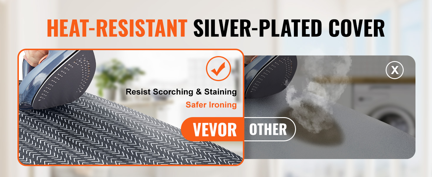 heat-resistant VEVOR tabletop ironing board with silver-plated cover, resists scorching and staining.