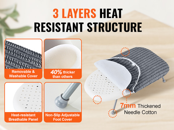 3 layers heat-resistant VEVOR tabletop ironing board with washable cover, breathable panel, and non-slip feet.