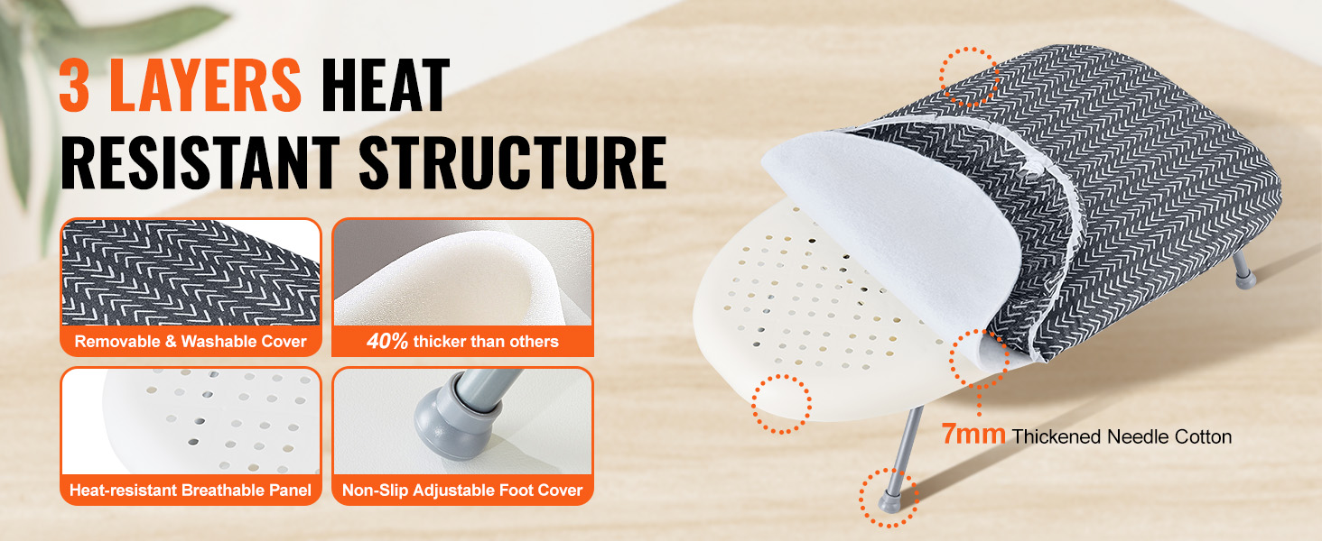 3 layers heat-resistant VEVOR tabletop ironing board with washable cover, breathable panel, and non-slip feet.