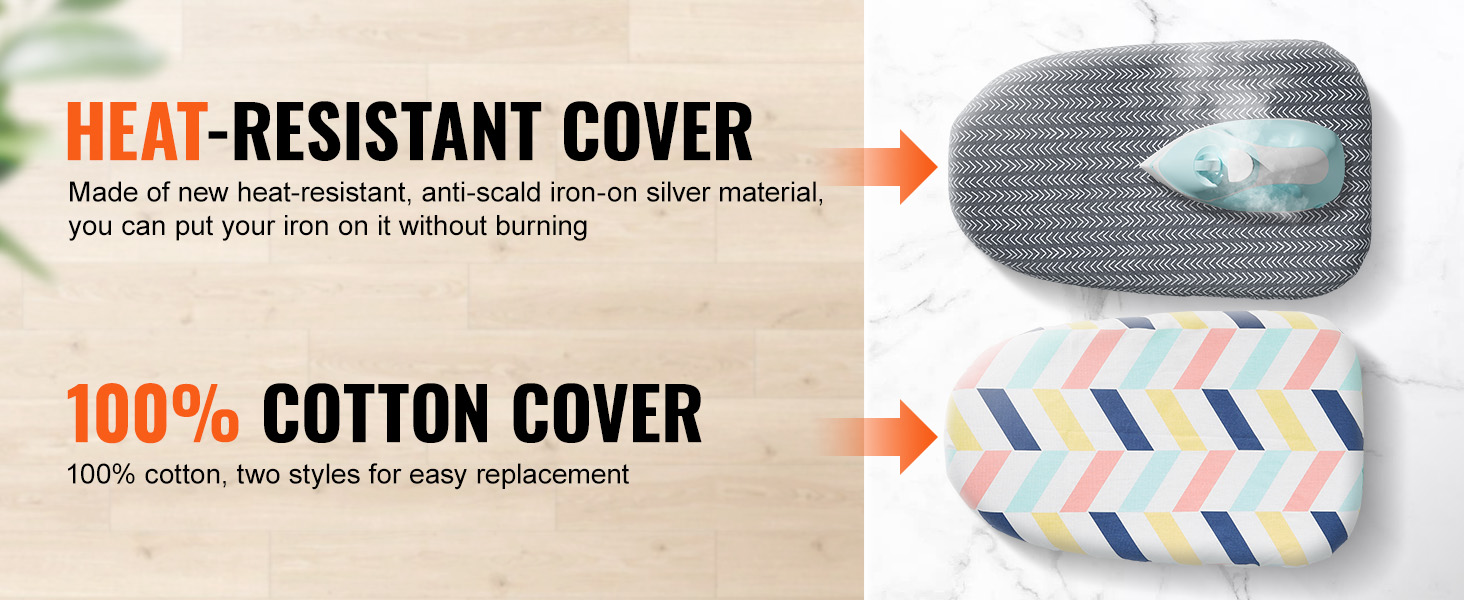VEVOR tabletop ironing board with heat-resistant and 100% cotton covers in stylish patterns.