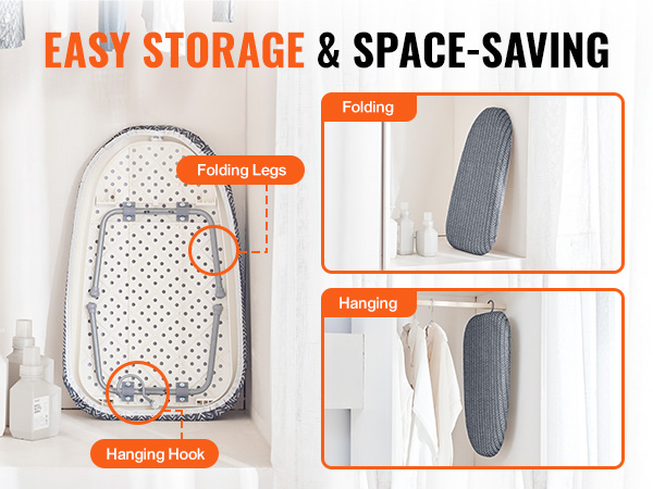 VEVOR tabletop ironing board with foldable legs, hanging hook for easy storage, and space-saving design.