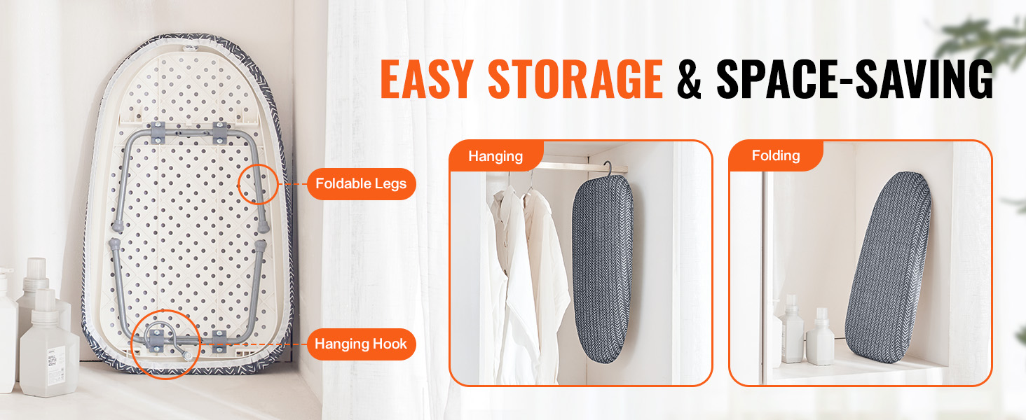 VEVOR tabletop ironing board with foldable legs, hanging hook for easy storage, and space-saving design.
