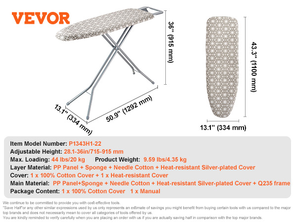 VEVOR ironing board, adjustable height with silver-plated cover and cotton cover.