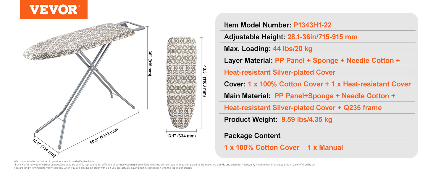 VEVOR ironing board, adjustable height with silver-plated cover and cotton cover.