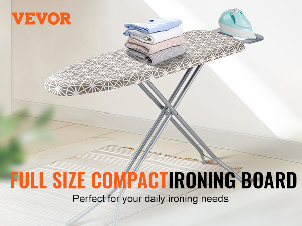 VEVOR ironing board: full-size compact board with geometric cover, stacks of clothes, and an iron.