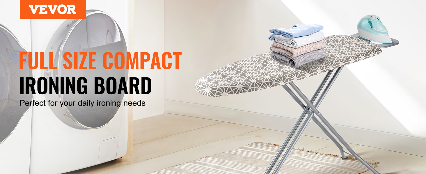 VEVOR ironing board: full-size compact board with geometric cover, stacks of clothes, and an iron.