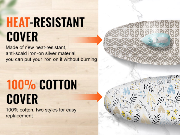 heat-resistant cover with VEVOR ironing board; also features 100% cotton cover, available in two styles.
