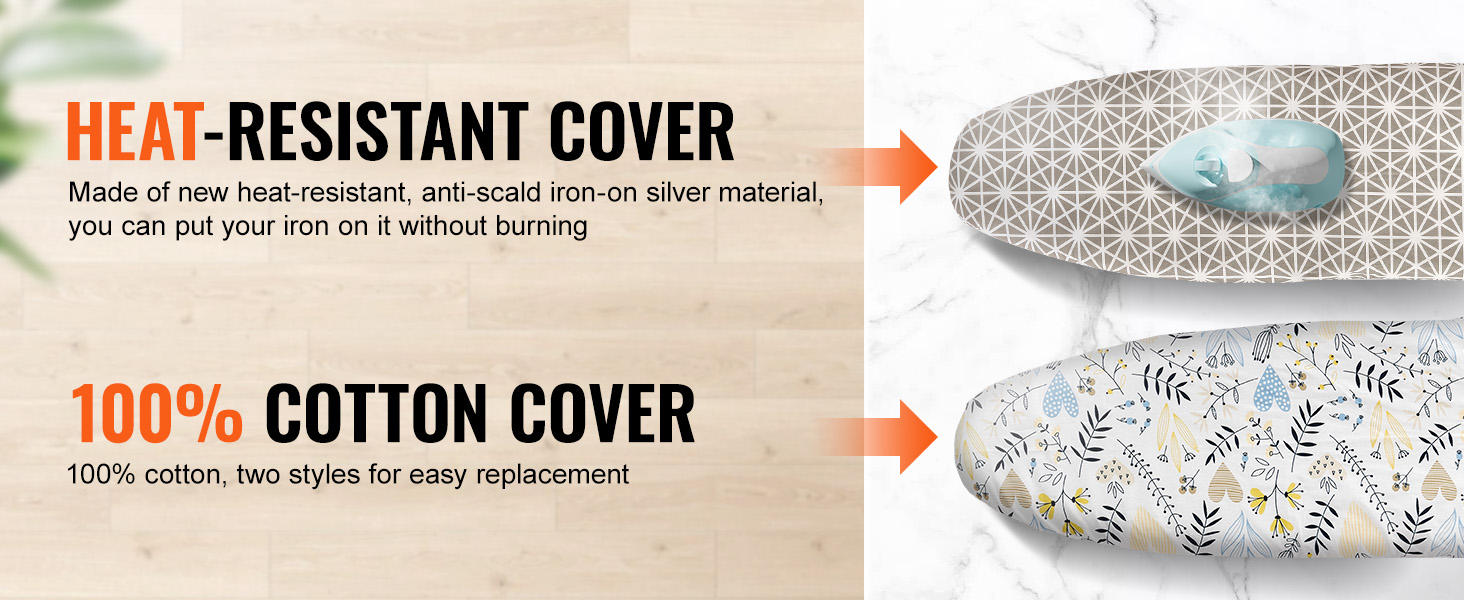 heat-resistant cover with VEVOR ironing board; also features 100% cotton cover, available in two styles.