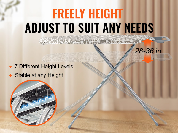 VEVOR ironing board with adjustable height from 28 to 36 inches, featuring 7 height levels.