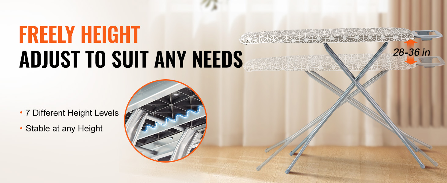 VEVOR ironing board with adjustable height from 28 to 36 inches, featuring 7 height levels.