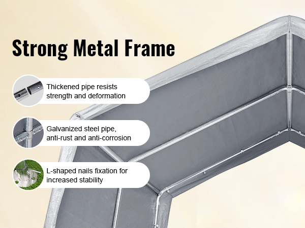 strong metal frame of VEVOR outdoor storage shelter with galvanized pipes, l-shaped nails for stability.