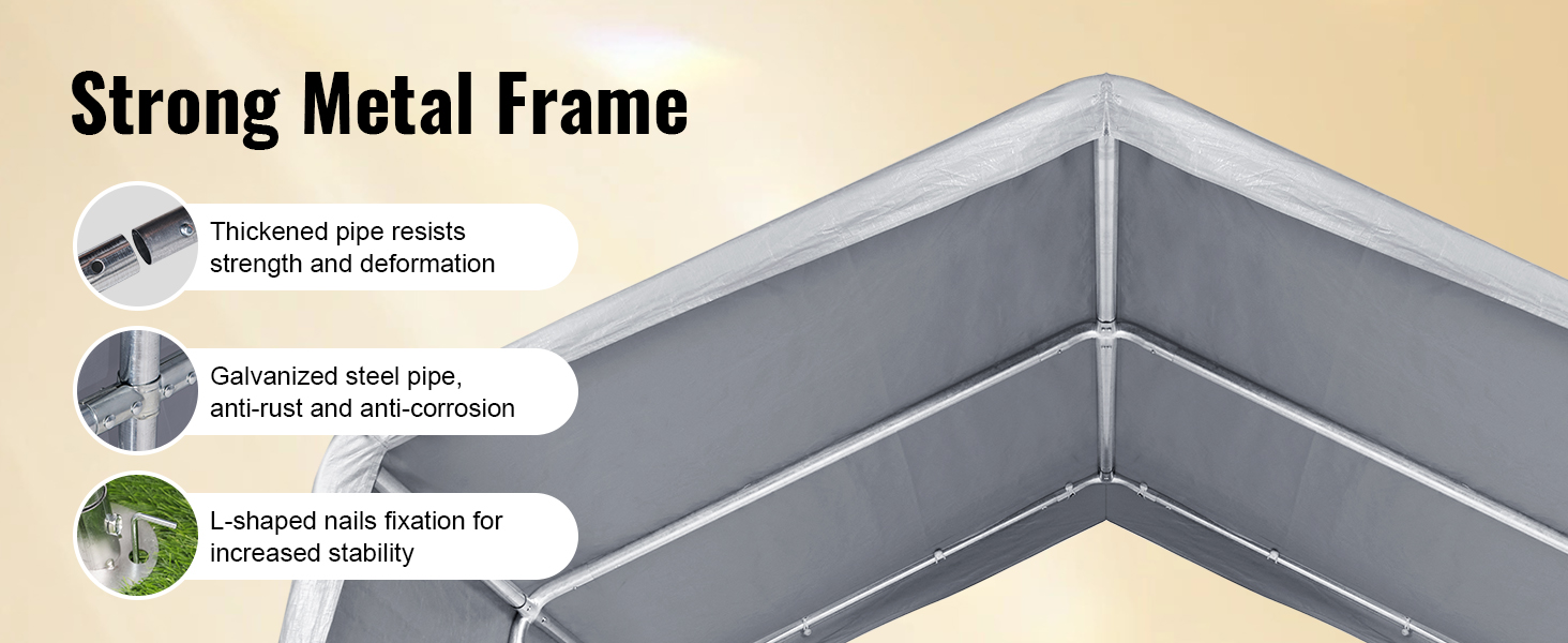 strong metal frame of VEVOR outdoor storage shelter with galvanized pipes, l-shaped nails for stability.