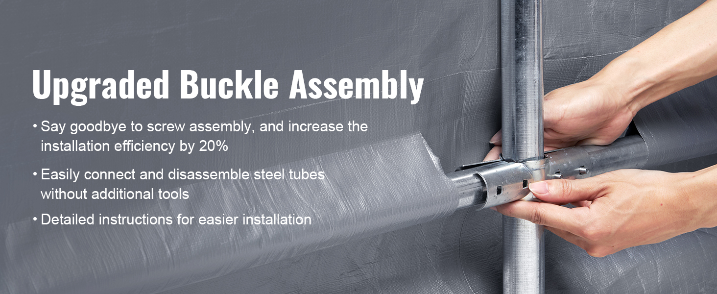 upgraded buckle assembly for VEVOR outdoor storage shelter with easy steel tube connection and no tools needed.