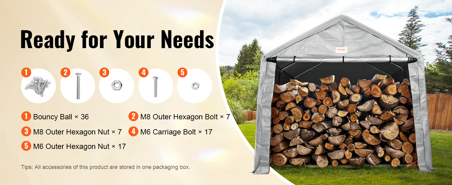 VEVOR outdoor storage shelter with firewood, accessories including bouncy balls, bolts, and nuts.