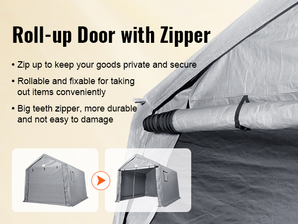 VEVOR outdoor storage shelter with roll-up door, durable zipper, and secure setup for convenient access.