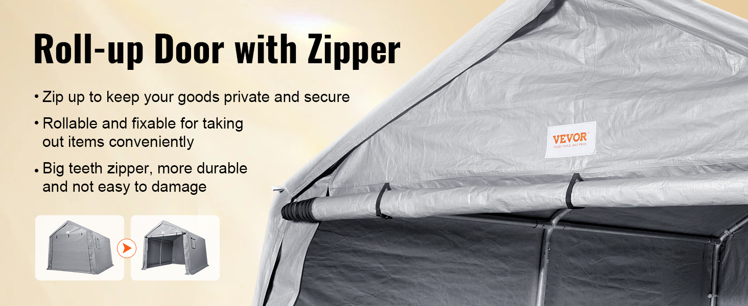 VEVOR outdoor storage shelter with roll-up door, durable zipper, and secure setup for convenient access.