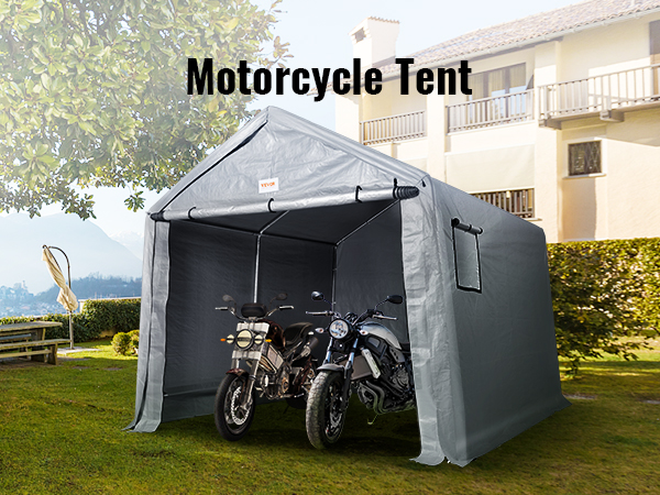 motorcycles in a VEVOR outdoor storage shelter on a grassy lawn with trees and a house in the background.