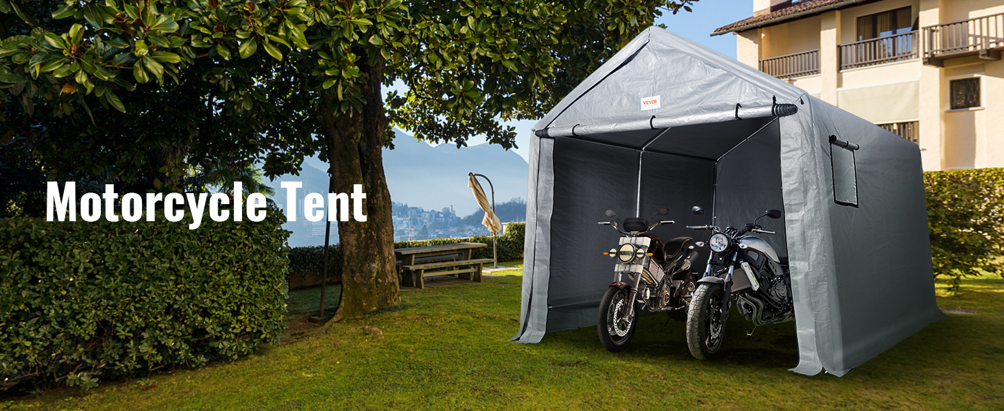 motorcycles in a VEVOR outdoor storage shelter on a grassy lawn with trees and a house in the background.