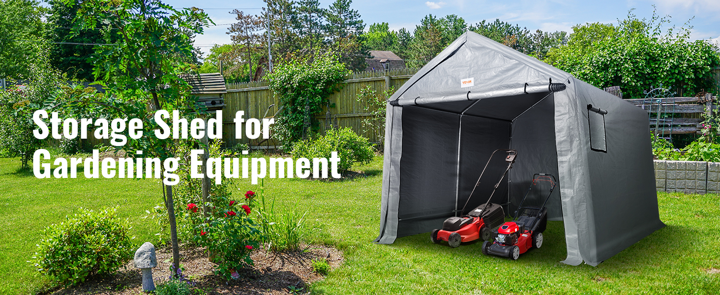 VEVOR outdoor storage shelter for gardening equipment with two lawnmowers in a green backyard.