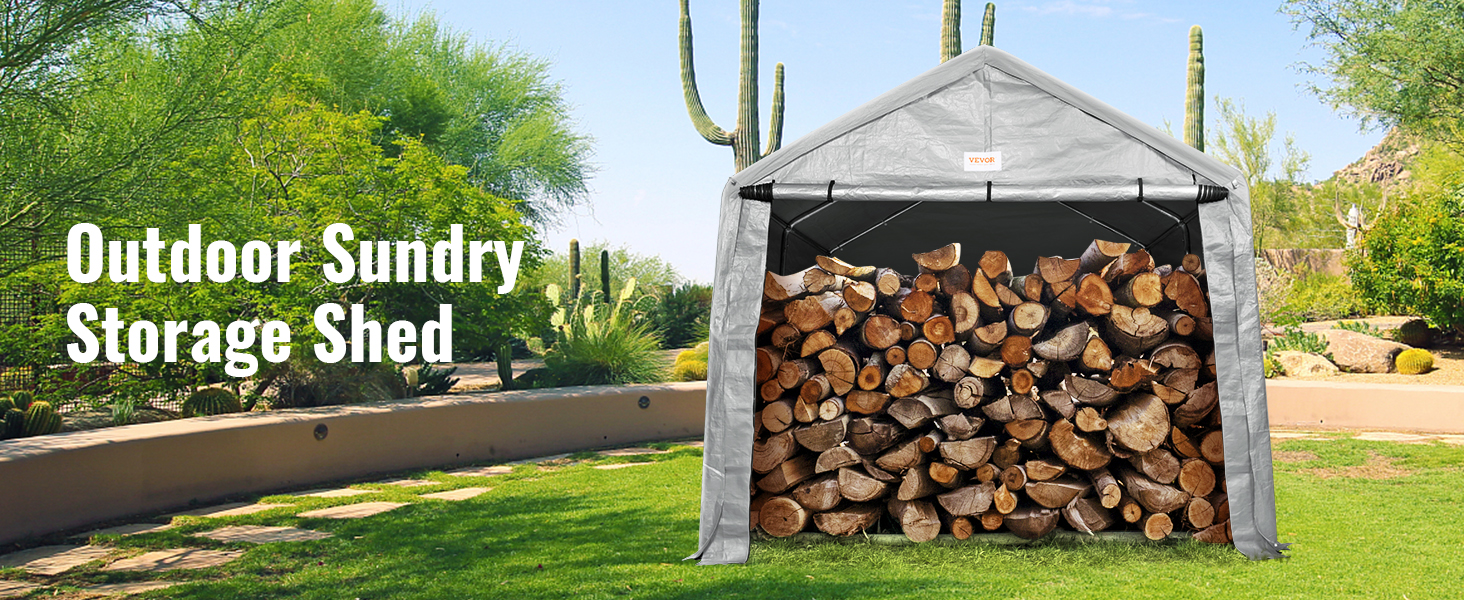 VEVOR outdoor storage shelter filled with stacked firewood in a green garden with cactus plants.
