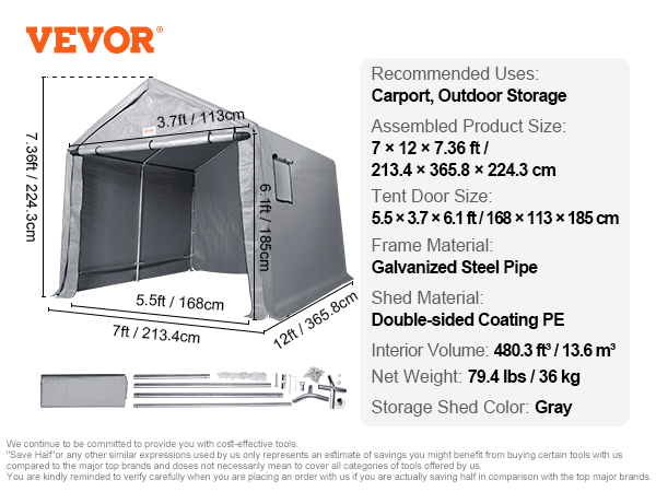 VEVOR portable shed, 7 x 12 x 7.36 ft gray, galvanized steel frame, double-sided coating pe, carport.