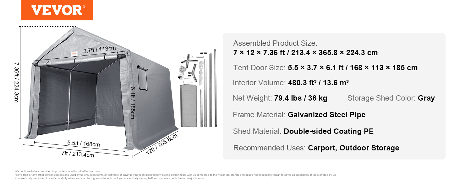 VEVOR portable shed, 7 x 12 x 7.36 ft gray, galvanized steel frame, double-sided coating pe, carport.