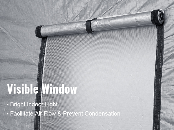Видимое окно VEVOR с откидной крышкой на сером тенте обеспечивает яркий свет и воздушный поток.