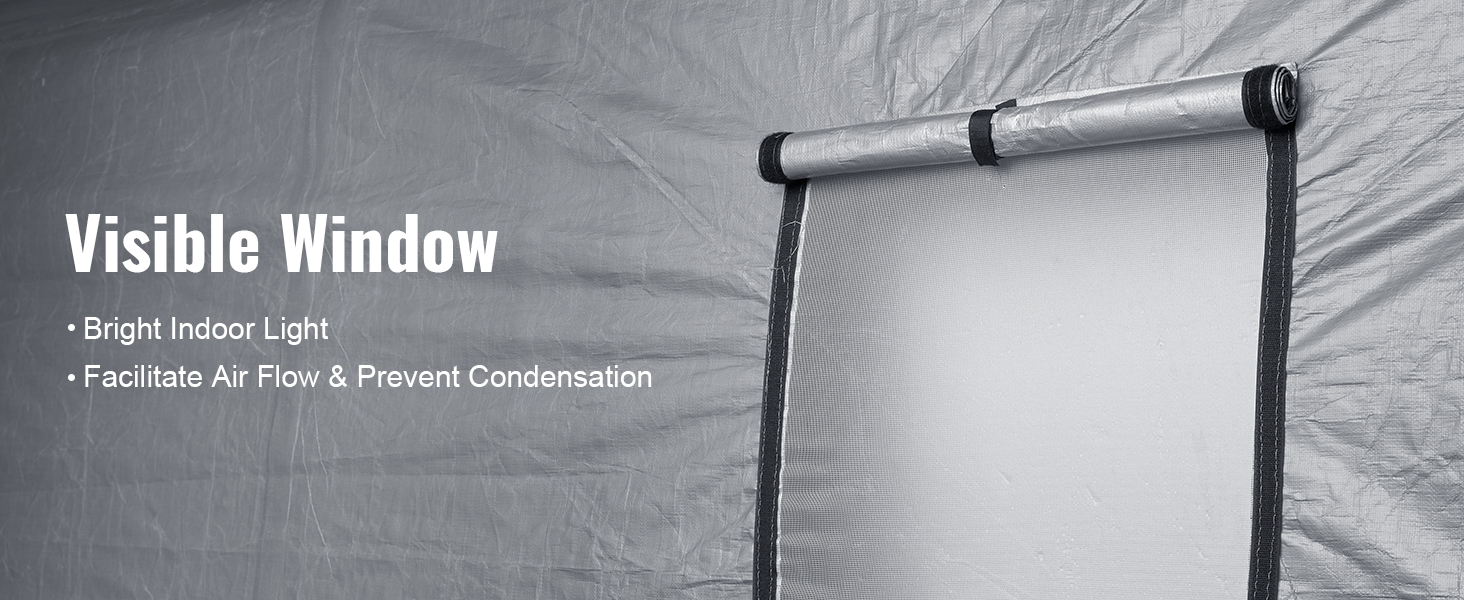 Видимое окно VEVOR с откидной крышкой на сером тенте обеспечивает яркий свет и воздушный поток.