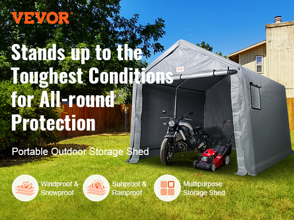 VEVOR portable shed in backyard with motorcycle and lawnmower, offering all-round protection.