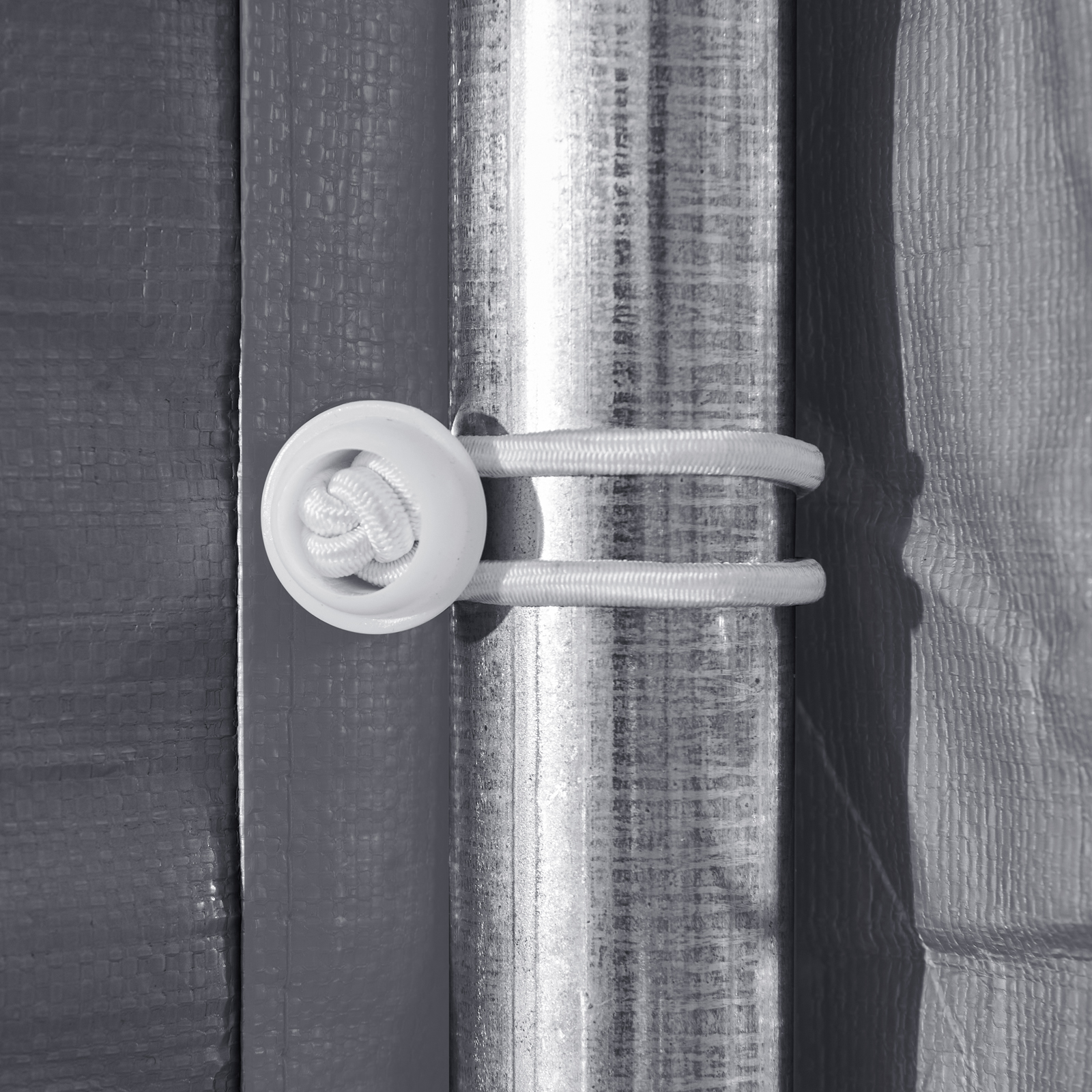 metal pipe and secured strap detail of VEVOR portable shed wall; close-up view