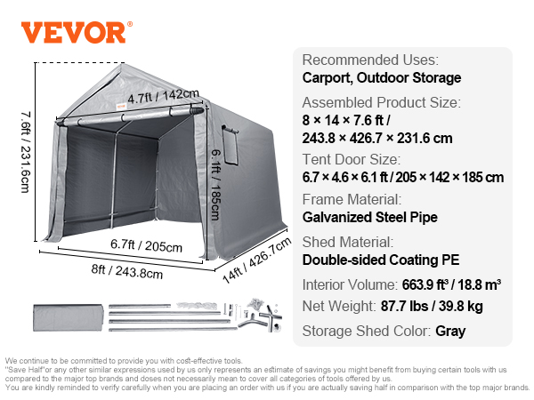 VEVOR portable shed with galvanized frame and double-sided coating pe, ideal for carport and outdoor storage.