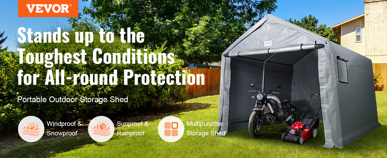 VEVOR portable shed outdoor storage holding a motorcycle and a lawnmower, promoting windproof and snowproof features.