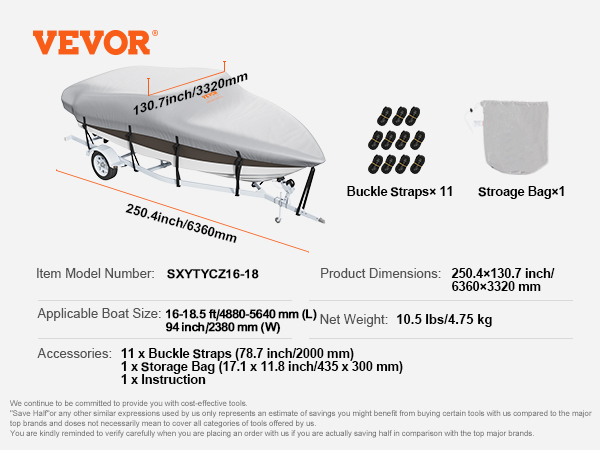 VEVOR boat cover with buckle straps, storage bag, fits 16-18.5 ft boats, 250.4x130.7 inch.